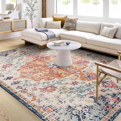 Livabliss Asmara Vintage groß - Wohnzimmer 200x274 cm, Esszimmer, Schlafzimmer, Orientalischer Boho Style - Carpet Living Room, Bunter Muster, Blau und Orange