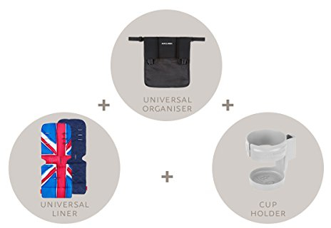 Maclaren Starter Kit – Essentielles Buggy-Zubehör zum Loslegen. Ein Einzelbuggy-Organiser, ein Universal-Sitzpolster und ein Getränkehalter. Passt auf alle Maclaren und die meisten anderer Marken