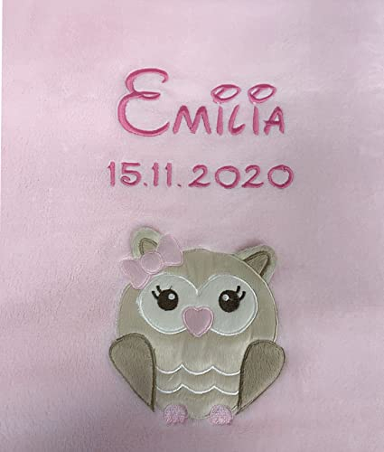 KIDDI-MEDIA Babydecke mit Name und Geburtsdatum Bestickt/kuschelig weich / 1A Qualität (Rosa - Eule)