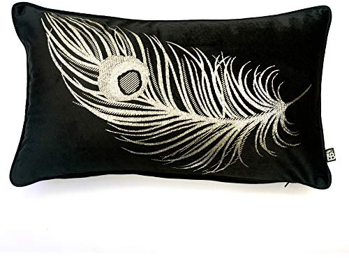 Laurence Llewelyn-Bowen - Black & Gold Velvet Cushion - 30 x 50cm - Filling/Padding Included - Metallic Gold Printing - Black Luxury Peacock Cushion - Matching Bedding Available - Peacock Gifts