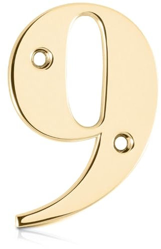 XFORT Polished Brass Front Door Number 9, House Number Suitable for All Door Types including Wooden, uPVC, and Composite.