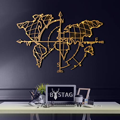 Tubibu Moderne Wandkunst, 100% Metall – metallische Weltkarte, Größe 66 x 95 cm, Weltkarte und Kompass, Wanddekoration, Heimgeschenk, Einweihungsgeschenk, Hochzeitsgeschenk gold