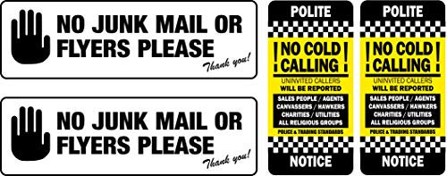 Buyit No Junk Mail Sign Sticker - No Cold Calling Sign Sticker - For Front Door Letter Box - Self Adhesive Vinyl Label Durable and Resistant Waterproof Heat proof Highly Indoor Outdoor (2 of Each)