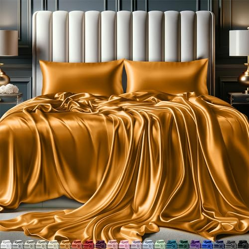 Satin-Spannbettlaken, King-Size (4-teilig, 8 Farben), seidiges Satin-Bettwäsche-Set mit 2 Kissenbezügen, Gold-Satin-Bettlaken, King-Size-Satin-Bettlaken, Satin-Bettlaken,