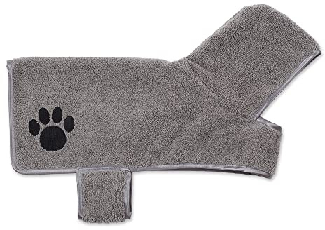 Bone Dry Pet Robe Collection, bestickter, saugfähiger Mikrofaser-Bademantel mit verstellbarem Verschluss, für Hunde und Katzen, klein, grau