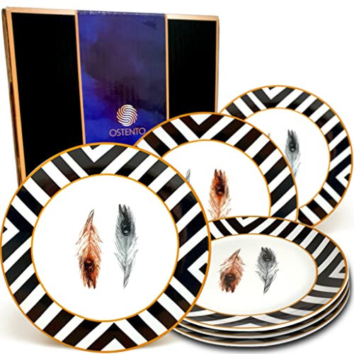 OSTENTO Porzellan Teller - Speiseteller 6er Set ů 27 cm (10.5 Zoll), modell- Peacock Feathers