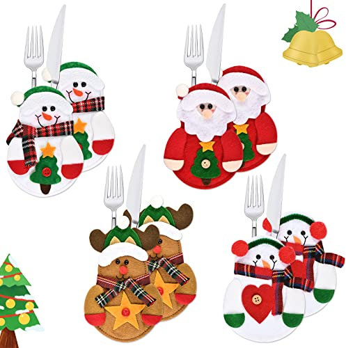 Dereine 8piezas Bolsita para Cubiertos de Navidad,Bolsa con temática Navideña,Papá Noel Vestidos Sombrero de Alce Decoración para Fiestas de Mesa Bolsa (4 Estilos)