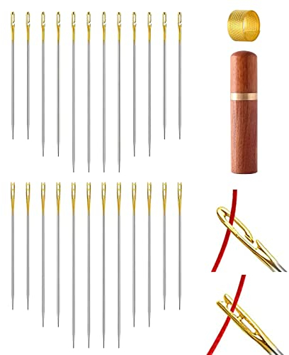 Redamancy Nadeln, Selbsteinfädelnden Nadeln, 48 Stück Selbst Einfädeln Nähnadeln, 3 Größen Einfaches Einfädeln Nadeln, mit 1 Nadeln Box aus Holz and 1 Fingerhut, Sticknadeln für DIY Stickerei, Nähen