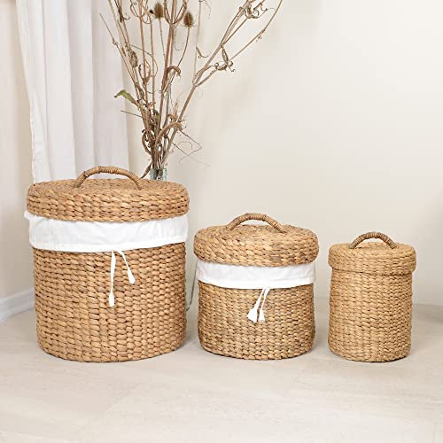 wohnfreuden Panier de rangement avec couvercle - Panier de salle de bain tressé - Organiseur de rangement - Lavabo en jacinthe d'eau - Taille : L