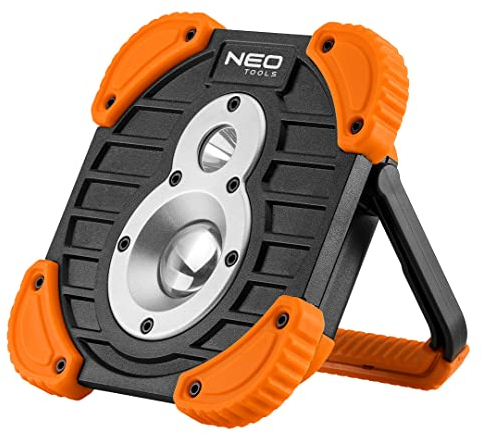 NEO TOOLS batteriebetriebener Scheinwerfer 10W + 3W, 750+250 Lumen, LED CREE XPG + COB, Powerbank, Stromversorgung 2600mAh 3.7 Li-Ionen, Ladegerät 5V/1A, IP44, ABS+TPR, 3 Lichtfunktionen