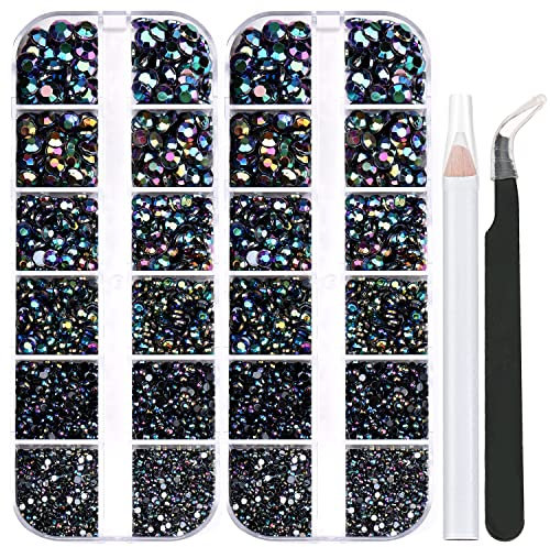 5320 Pieces Flat Back Gems Round Crystal Rhinestones 6 Sizes (1.5-6 mm) with Pick Up Tweezer and Rhinestones Picking Pen for Crafts Nail Face Art Clothes Shoes Bags DIY (Black AB)