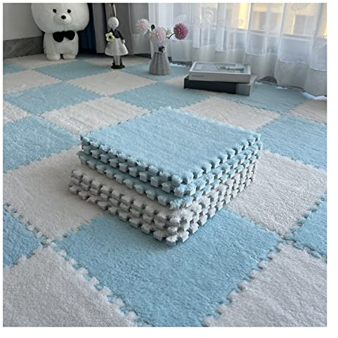 10 Ineinandergreifende Schaumstoffmatten, 10 Mm Dick, Flauschige Teppichfliesen, Plüsch-Bodenfliesen, Teppich, Weiche Spielmatte, Puzzle-Bodenmatte, Weich, rutschfest Und Sturzfest,Blue+White,30x30cm