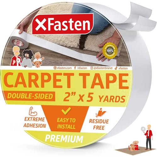 XFasten Double Sided Rug Gripper Tape - 2' x 5 Yds, 3-In Core Carpet Tape for Carpet to Carpet, Hardwood Floors, High Traffic Areas, Easy to Use Area Rug Tape