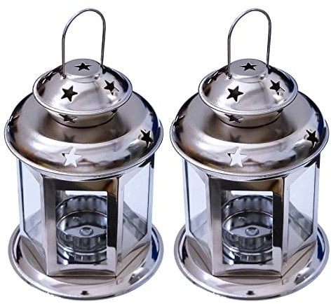 Pair of European Design Antique Glass Hanging Candle Lanterns with Stars Metal Frame Candlestick Holder Night Lamp, Romantic Xmas Wedding Party Decoration Original Package (Silver)