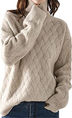 Pokem&Hent Otoño e invierno Jersey de punto de gran tamaño Cuello alto para mujer Suéter grueso de cachemira, Camello de arroz, L/XL