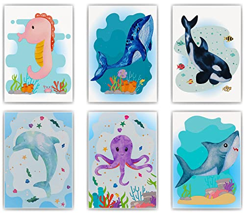 Meerestiere Seepferdchen Wal Delfin Bilder 6er Set DIN A4 Kinderzimmer Wandbilder Babyzimmer Poster Dekoration