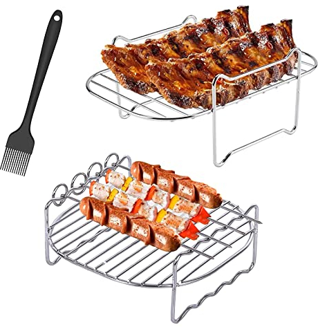 2 Pack Air Fryer Rack, Double Layer Rack Air Fryer Accessories with 4 Barbecue Skewers and Brush, Stainless Steel Grilling Rack Fit for Ninja Dual Air Fryer AF300UK, AF400UK