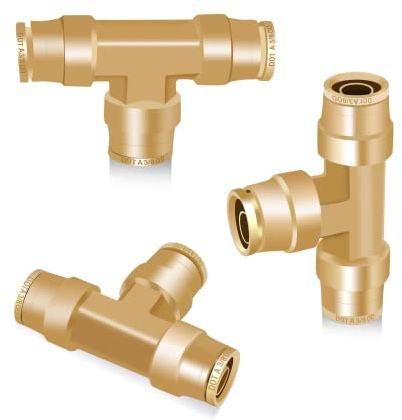Siptenk 3/8 T-Union DOT Luftverschraubungen, 3 Stück, 3/8 Zoll OD Luftleitungsarmaturen, Messing, Druckluftbremse, Push-To-Connect-Armaturen, Bremsanschluss-Set für LKW, Anhänger, Industrie