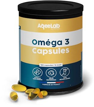 Omega 3 Epax 1000 mg • Ultra concentrés : 780 mg EPA + DHA • 180 capsules 100% poisson • 1 mois • TOTOX très bas • Pêche responsable • Fabriquée en France • Marque écoresponsable • AqeeLab Nutrition