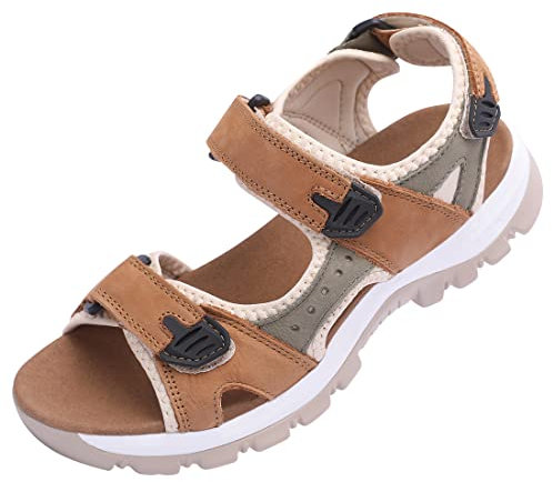 Harssidanzar Sandales de Randonnée et de Sport en Cuir pour Femmes, SL256EU, Camel Gris, Taille 39
