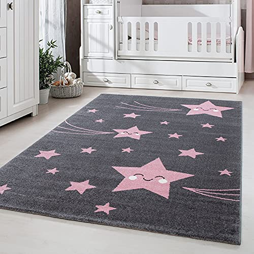 Carpetsale24 Kinderteppich Sternendesign Rosa 140x200 cm – Großer Teppich fürs Mädchenzimmer – Kuschelig & Kindgerecht
