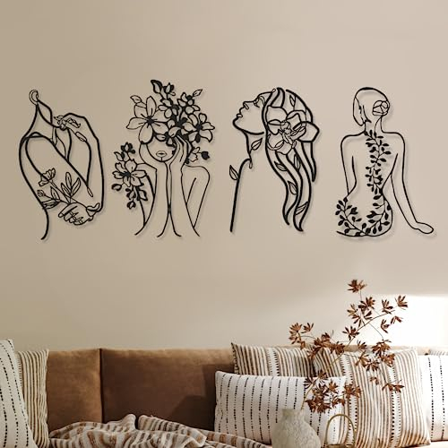 Photect 4 Decoraciones de Pared de Metal de Mujer Minimalistas Abstractas Arte de Pared con Dibujo de Línea Única Arte de Dormitorio de Cara Cuerpo Femenino Esculturas de Hogar Modernas