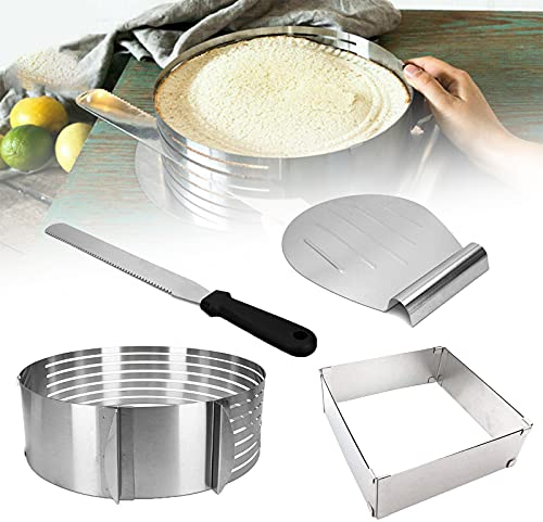 TWSOUL Tortenboden-Schneidhilfe, 4 Teile Edelstahl Tortenring Set, Torten-Set mit Tortenmesser und Tortenhebeboden für die Torten-Zubereitung