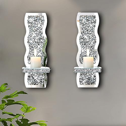 ZOLAPI 2 Stück Crystal Crush Diamond Kerzenleuchter, wunderschöne Silberne verspiegelte Wandleuchter, Wellenmuster, unregelmäßiger Kerzenhalter, Glas-Wanddekorationen für Heimdekoration, Wohnzimmer,