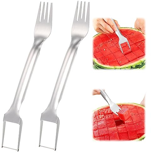 Cortador de sandía 2 en 1, cortador de sandía, cortador de tenedor de acero inoxidable, cortador de melón, sandía, cubo, cuchillo de frutas, tenedores de fruta, herramienta de corte para fiestas