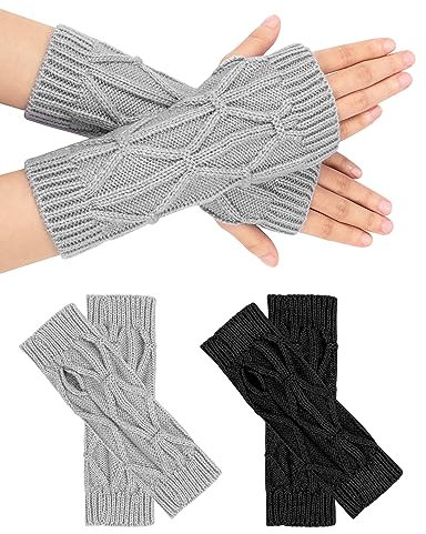 MELLIEX 2 Paar Halb Fingerlose Handschuhe Schwarz und Gey Fleece Handschuhe Damen Herren Strickhandschuhe