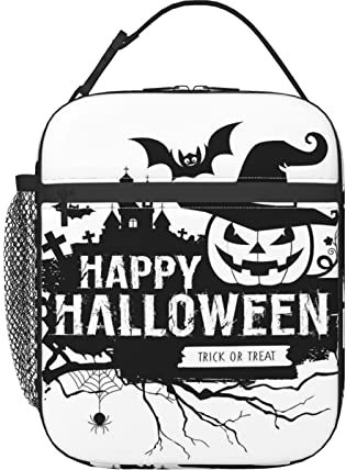 Aotximlat Isolierte Lunch-Tasche, wiederverwendbar, mit Seitentasche und Schultergurt, Happy Halloween, schwarz und weiß, Kühlbox für Schule, Picknick, Strand, Reisen, Arbeit