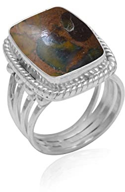Veracity Jewelry 925 Sterling Silver Gemstone Statement Rings – Gift For Birthday Wedding Anniversary Mother's Day Ring – Vintage Boho Style Handmade Gifts (Fruite Ajoobalite Ajooba Jasper)