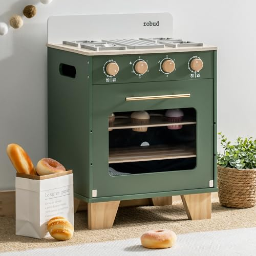 ROBUD Cuisine de jeu en bois, accessoires de cuisine pour enfants avec four à jouets, aliments de jeu, cupcakes, plateau, ensemble de cuisine en bois