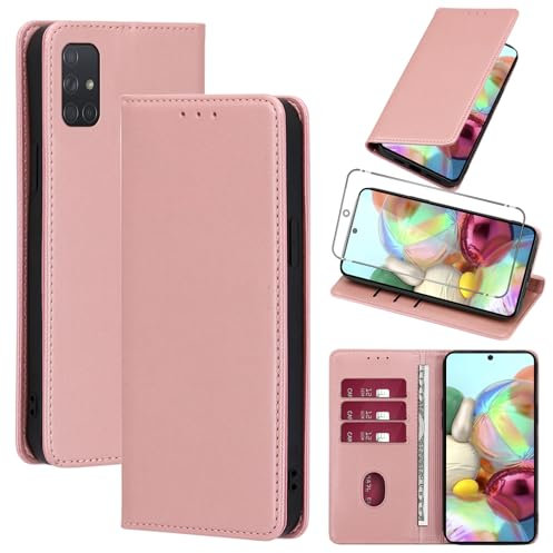 Vauki Coque Cuir pour Samsung Galaxy A71 4G/5G 6.7 avec 1 Verre Trempé Etui à Rabat en PU Porte-Cartes Portefeuille Support Flip Housse Magnétique Antichoc Anti-Rayures Case,Rose-Gold