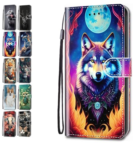 Leder Hülle für Huawei P30 Pro Tasche mit Kartenfach Tierdruck Muster Schutzhülle Handyhülle Flip Case Klapphülle Cover Mädchen Jungs - Mond-Wölfe