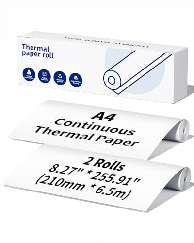 Lot de 2 rouleaux de papier thermique continu A4 (210mm de large) à séchage rapide, compatible avec Phomemo imprimante M832 M831 M833 M834 M835 pour documents, contrats, 6,5 m de long par rouleau