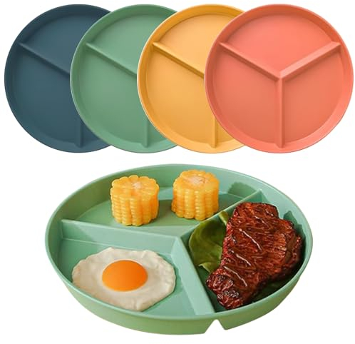 Lot de 4 Pièces Assiettes Divisées Réutilisables, 24.5CM Assiette à 3 Compartiments Rondes Plastique, Incassables Contrôle des Portions Assiettes, Assiette Regime Portion pour Adultes et Enfants