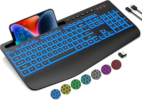 Trueque Wireless Keyboard with 7 Colored Backlits, Wrist Rest, Phone Holder, Rechargeable Ergonomic Keyboard with Silent Light Up Keys, Cordless Computer Keyboard for Windows, Mac, Laptop