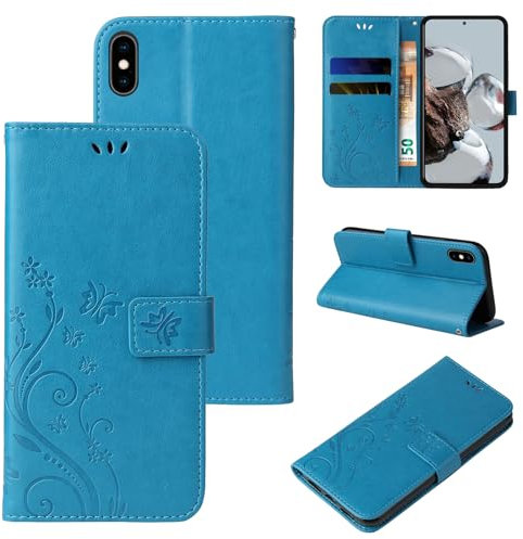 LBH Handy Hülle für Apple iPhone XS Max Case Handytasche Schmetterling Blumen Flower Standfunktion Schutzhülle Magnet Rundum Schutz 360 Grad Flipcase Cover Blau