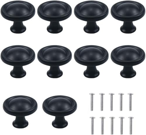 Dokeno Pomos para Armario, 10 Piezas Tirador de Mueble Redondo Negro, con Tornillos, Pomos de Cajón Tipo Hongo, Pomos y Tiradores Vintage, para Cocina, Baño, Dormitorio
