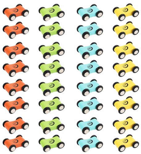 NQEUEPN 32 pièces Voitures Bois, Mini Voitures Bois Rampe Voiture Colorée Remplacement Voiture Jouet Voitures Haut Lumineux Rampe Voiture Jouets Enfants Piste Course Bois