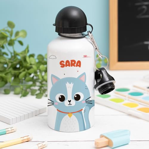 Transparent Gift Botella de Agua Infantil Personalizada con Nombre Animales de Colores Niño y Niña para Colegio. Cantimplora Niños. Regalo de Cumpleaños y Vuelta al Cole. Aluminio con Tapón y Pajita