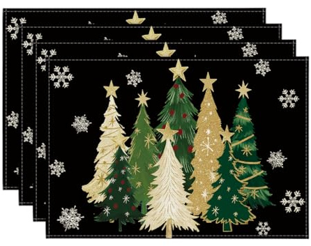 Artoid Mode Schwarz Bäume Sterne Weihnachten Platzsets 4er Set, 30x45cm Winter Tischset Waschbar Platzdeckchen Küche Party Deko