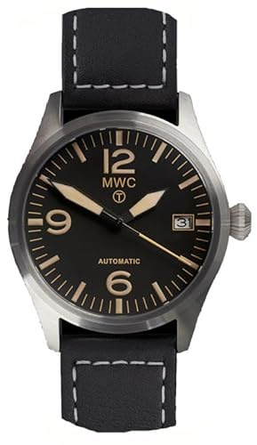 MWC Classic Aviator Automatik Stahl Schwarz Datum Leder Militär Uhr Herren, Schwarz , Armband