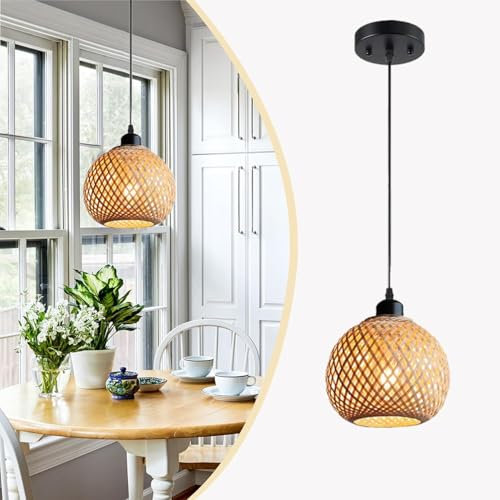 CNMKLM Lustre Suspensionen Bambou Tressé Abat-jour Réglable En Rotin De Bohème Suspension Luminaire Lampe À Suspendre De Plafond Pour Îlot De Cuisine Table À Manger Salon Couloir(1-Light/20CM)