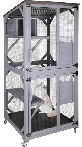 X-ZONE PET Holz Katzenhaus Outdoor Indoor mit Ruhebox Großer Käfig auf Universal Rädern Tiere Gehäuse von abnehmbarem wasserdichtem Dach der Schiebetür 80cm(L) X80cm(w) X180cm(H)