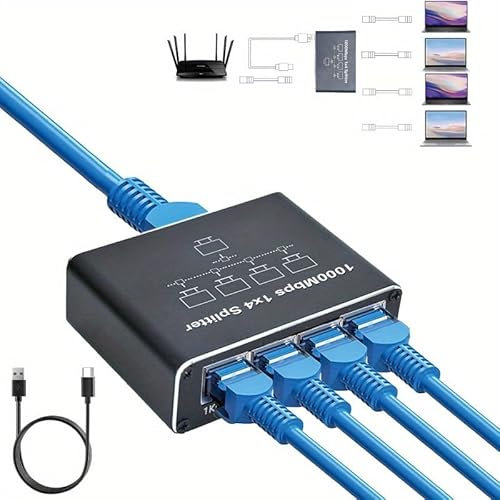 Rynli Ethernet Switch 1 to 4 Port RJ45 Splitter, Gigabit Network Switch, 1000Mbps LAN Cable Internet Splitter Ideal for Gaming, Streaming, and Home Network - Efficient Ethernet Hub