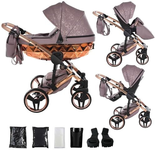 Junama Kinderwagen Diamond Heart 2in1 3in1 4in1 (04 - Lila und Kupfer, 2in1 mit Adaptern)
