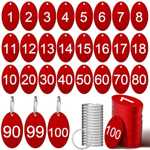 MorningRo 100 Pcs Aluminum Number Tags with Key Rings Number 1-100 Metal Key Tags for Identification Hotel Dormitory House Lockers(Red,Round)