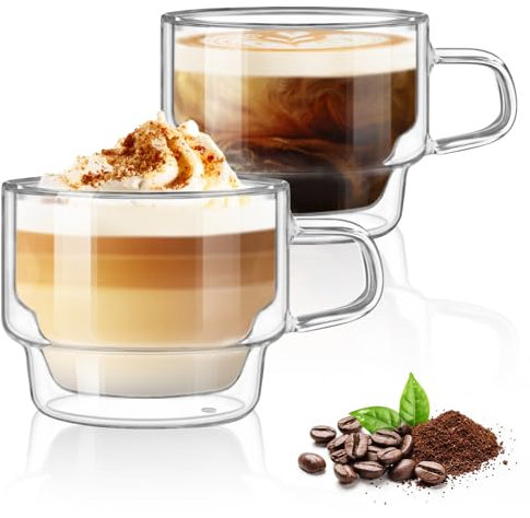 glastal 350ml Latte Macchiato Gläser Doppelwandige Kaffeegläser 2er Set Stapelbare Kaffeetassen Glas, Doppelwandig Kaffeeglas Teegläser mit Henkel für Cappuccino,Tee, Milch,Geschenk für Frauen Männer